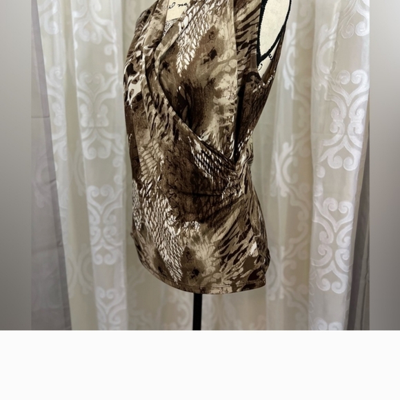 Evan-Pioneer Brown Abstract Snakeskin sleeveless faux wrap blouse - Picture 4 of 11